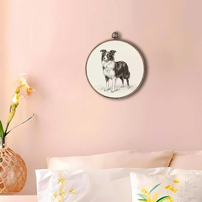 Vintage Border Collie Round Wall Art Framed, Retro Weiner Dog Round Wall Decor, Border Collie Weiner Dog Gifts Hanging Canvas Print Wall Sculpture for Bedroom Living Room Decor, 10x10 Inch