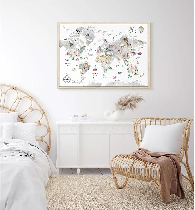 Grey Kids World Map Wall Art Animal Map Canvas Wall Art Nursery Wall Decor World Map Poster Childrens Room Decor Playroom Prints Educational Artwork 16x24 Inch Framed