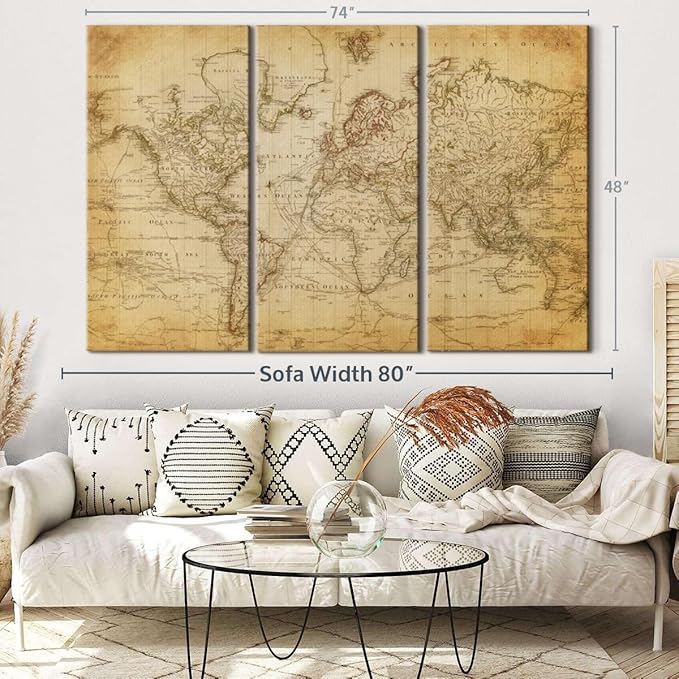 ElephantStock Old Century World Map Wall Art Multi Piece Canvas - 3 Piece Canvas World Map Wall Decor - Decor Ready-to-Hang Print - Vintage Wall Art - 74" X 48"