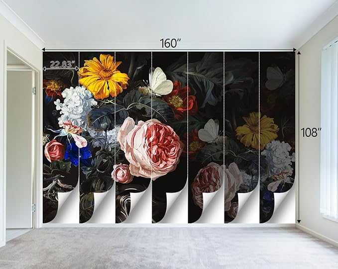 Vintage Black Flowers Mural Bedroom Peony Floral Wallpaper Room Decor Living Room tv Background Large Wall Mural - 160"x108" (Not Peel and Stick)