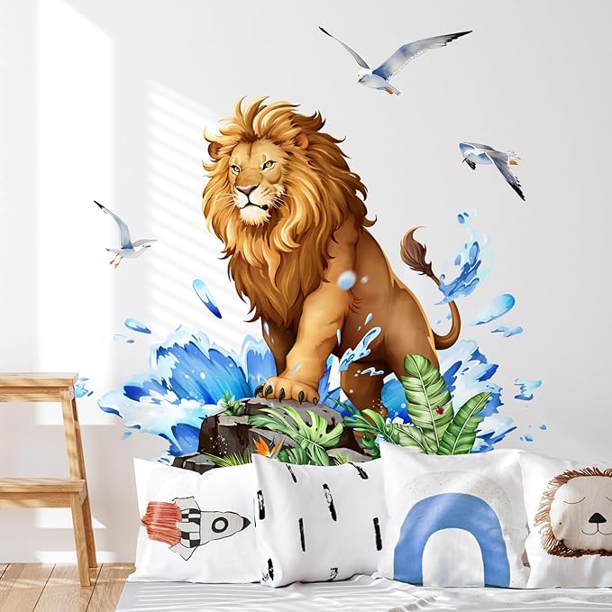 Tanlaby Lion Wall Decals Jungle Animal Wall Sticker with Leaves Waves Seagulls Peel and Stick Tropical Safari Animals Art Decor for Baby Nursery Boy Kids Toddler Bedroom Playroom