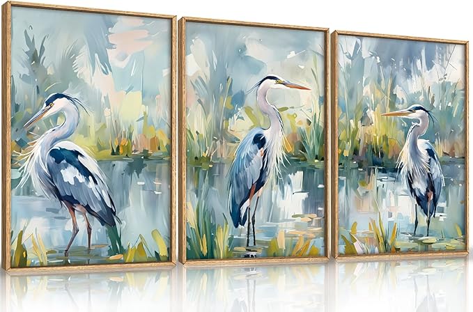 HLNIUC Great Blue Heron Wall Art Set of 3, Watercolor Coastal Bird Wall Decor(16x24), Wildlife Animal Illustrations Canvas Painting, Modern Boho Nature Avian Art Prints for Living Room,Bedroom, Office