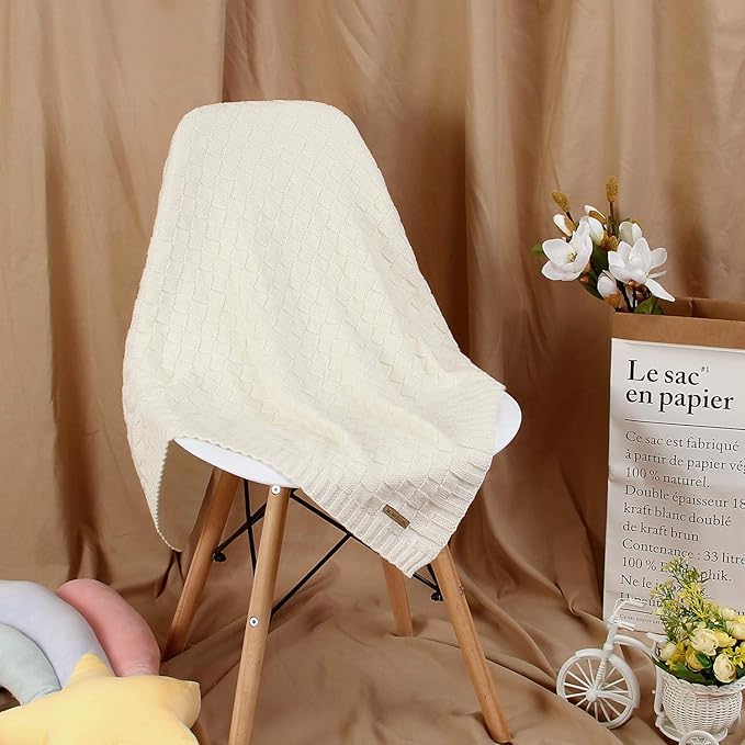LAWKUL Knit Baby Blankets White Cable Newborn Babies Receiving Blanket Infant Boy Girl Soft Swaddle for Crib Stroller 40"x30"
