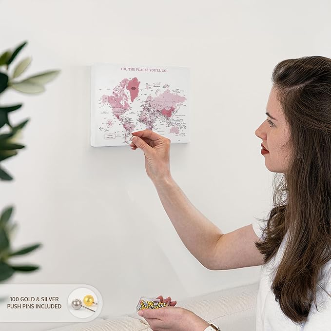 ElephantStock - Places You'll Go Push Pin World Map Wall Art - Horizontal Canvas Wall Art - Living Room Wall Decor - Digital Art Map Canvas Art - White And Pink Decor - 12" x 8"