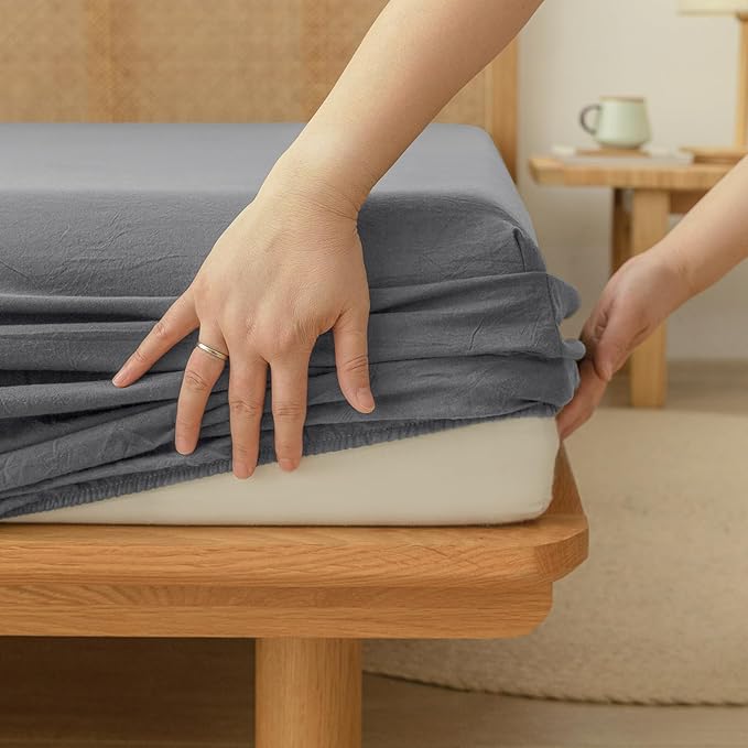 BESTOUCH Sheet Set 100% Washed Cotton Linen Feel Super Soft Comfortable Chic Lightweight 4 Pcs Home Bedding Set Solid Quiet Shade Grey Full