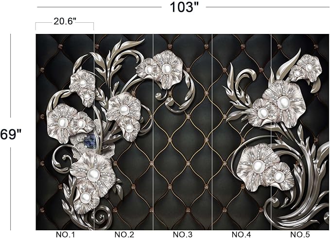 Black Hard Wrapped Pearl Embossed Flowers Wall Mural Wallpaper for Bedroom 103" x 69"