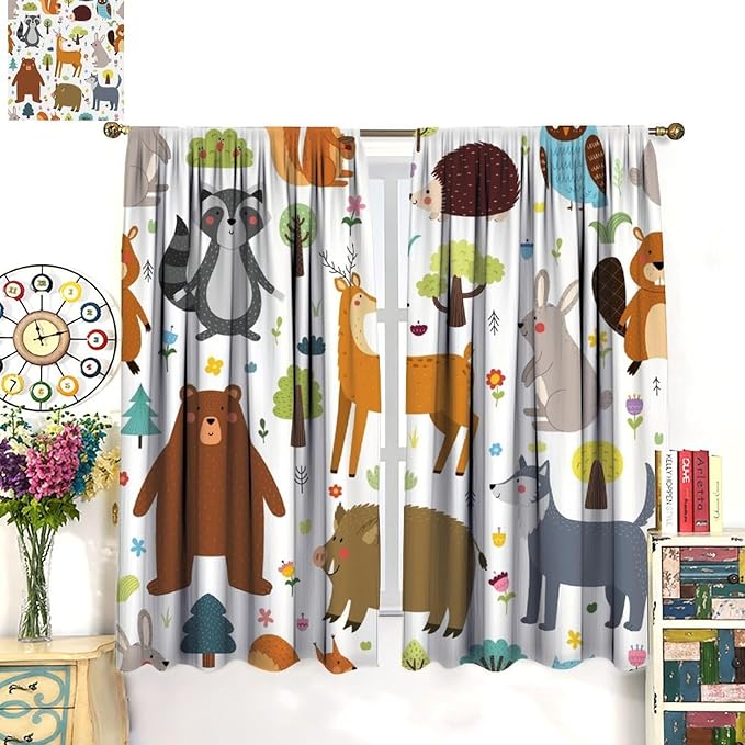 Forest Animals Kids Blackout Curtains Cartoon Cute Bear Deer Squirrel Owl Hedgehog Modern Art Print for Boys Girls Bedroom Living Room Nursery Rod Pocket Decoration Window Drapes 2 Panels W27.5xL63in