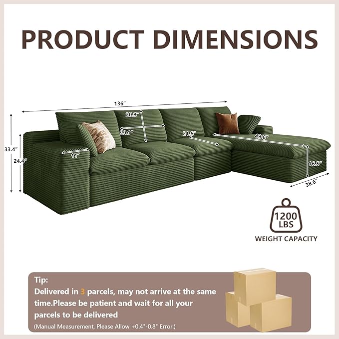 Cloud Sectional Couch,136 Inch Modular Sectional Sofa with Deep Seat, Modern Corduroy Boneless Couches with L-Shape Chaise for Living Room Bedroom, No Assembly Required (Green, Right Facing Chaise)