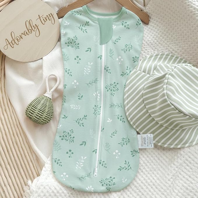 Baby Swaddle 0-2 Months, Cotton Arm-In Zipper Sleep Sack, Wearable Blankets Wrap for Newborn Infant Girls, Boys (Green Leaves, Polka Dots, Pack of 2)
