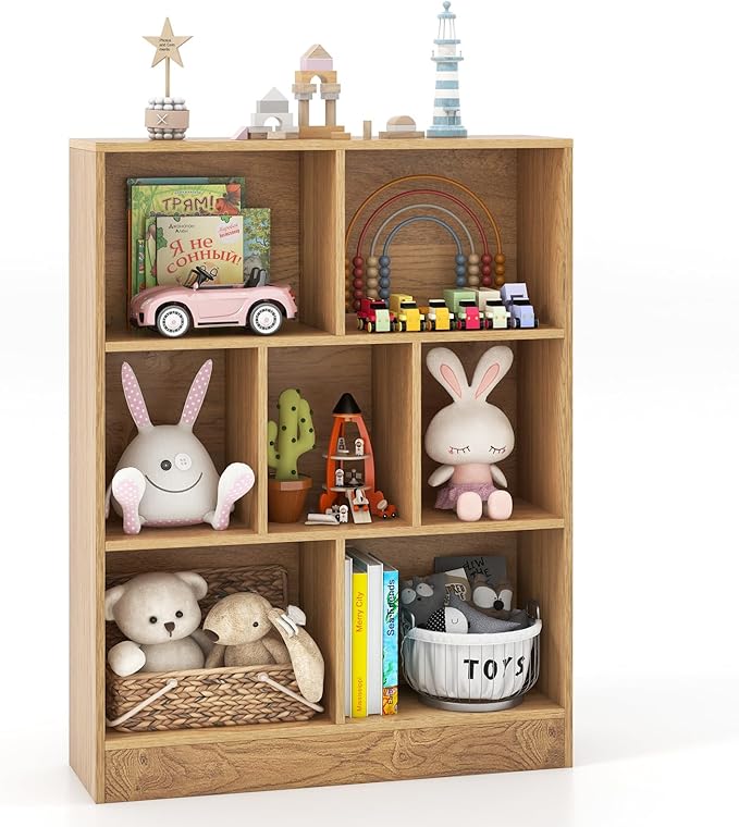 Costzon 7-Cube Bookshelf for Kids, Wooden Toy Storage Organizer w/ 2 Anti-Toppling Kits, 3 Tier Open Shelves & Non-Slip Foot Pads, Montessori Toy Shelf for Kids Rooms, Playroom, Classroom, Nursery