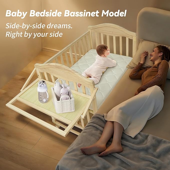 Portable Mini Baby Crib - Cunas para Bebes with Changing Shelf and Mattress Included,2025 Wheeled Wood Baby Bassinet,Bassinet Bedside Co Sleeper for Small Room,Unpainted