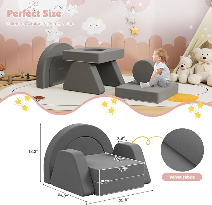 7 PCS Modular Kids Play Block Couch Child Sectional Sofa Toddler Building Fortplay Bedroom Playroom Baby Convertible Floor Foam Cushion for Boys & Girls (Dark Gray-Single)