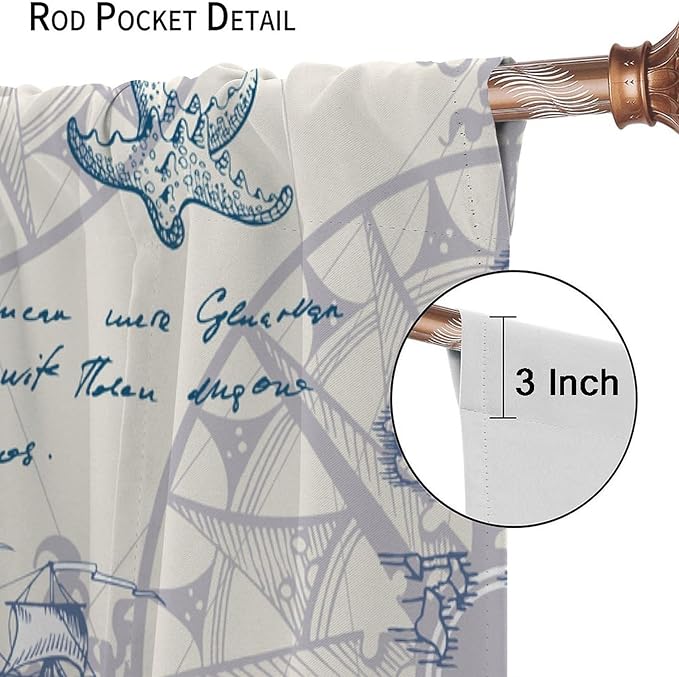 Nautical Sailboat Map Curtain,Ship Compass Lighthouse Anchor Decorative Curtain Polyester Fabric Waterproof Bedroom Curtain Set 2 Panels,52x84 Inches