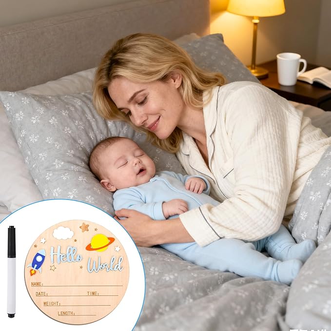 Hello World Newborn Announcement Sign, Wooden Baby Birth Announcement Sign with Pen Rocket and Planet Decorations Suitable for Hospital Nursery Photo Props
