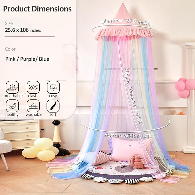 Kertnic Rainbow Bed Canopy for Girls Dreamy Mosquito Net for Bed Round Dome Princess Bed Canopy Girl Room Play Tent Kids Canopy Bed Netting Curtains (Single Layer- Pink)