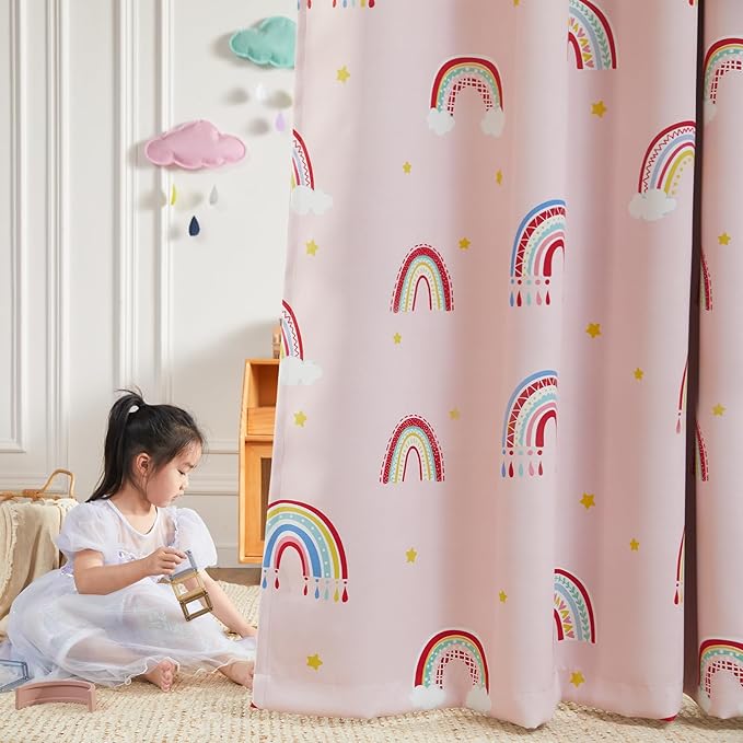 Vangao Boho Girls Blackout Curtains Pink for Kids Room 63 Inch Length, Rainbow Window Drapes for Living Room Nursery Thermal Grommet Insulated Room Darkening Curtains Bedroom, 2 Panels