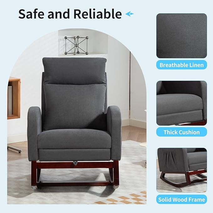 Rocking Chair Nursery Glider Chair with Foot Rest, Nursery Rocking Chairs with Rubber Wood Legs Side Pocket, High Back Nursing Chair, Accent Rocker Arm Chair Baby Bedroom, Living Room, Gray