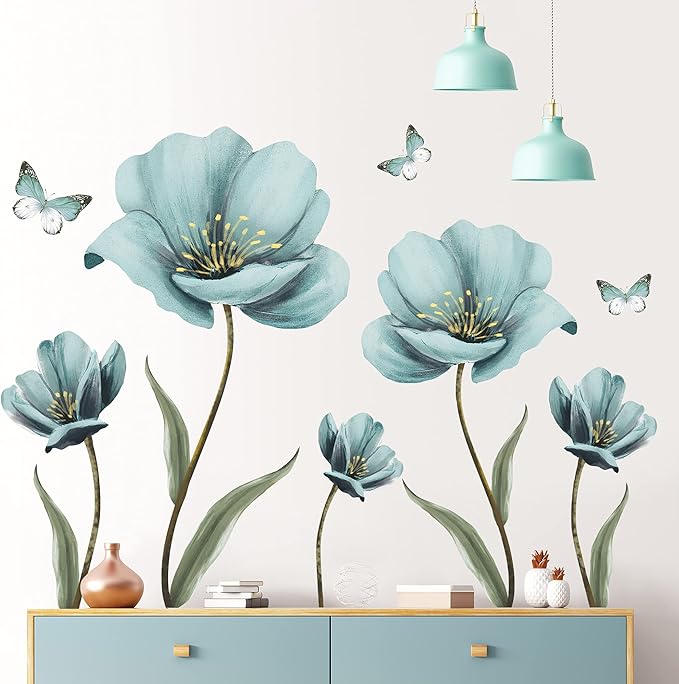 Dreamy Blue Flower Wall Stickers Creative Painted Butterflies Wall Decals Romantic Painting Art Decor Vinyl Removable Peel and Stick for Living Room Nursery Bedroom Office Bathroom Wall Decoration