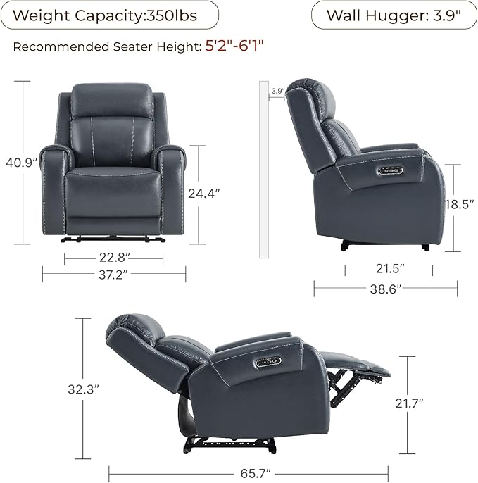 CHITA Genuine Leather Power Recliner Chair for Adults, Electric Wall Hugger Recliner with Adjustable Power Headrest & USB/Type-C Ports, Compact for Small Spaces & Living Rooms, Navy Blue