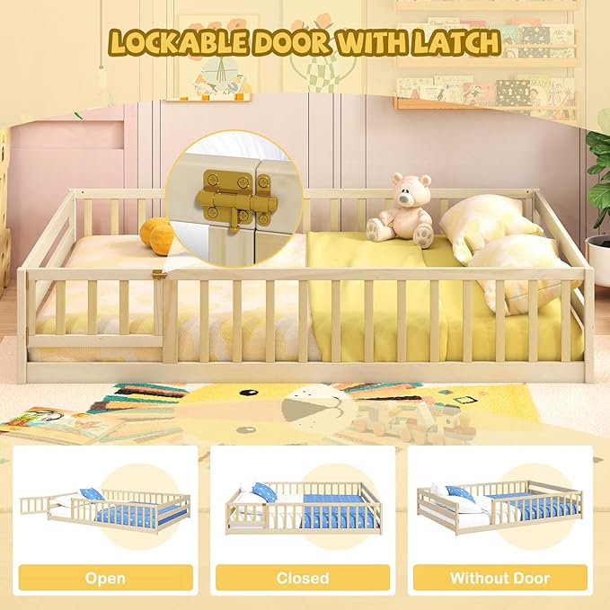 Giantex Full Floor Bed with Door & Fence, Kids Wood Montessori Beds with Safety Guardrails, Floor Bed Twin for Kids, Boys, Girls, No Box Spring Needed, Natural