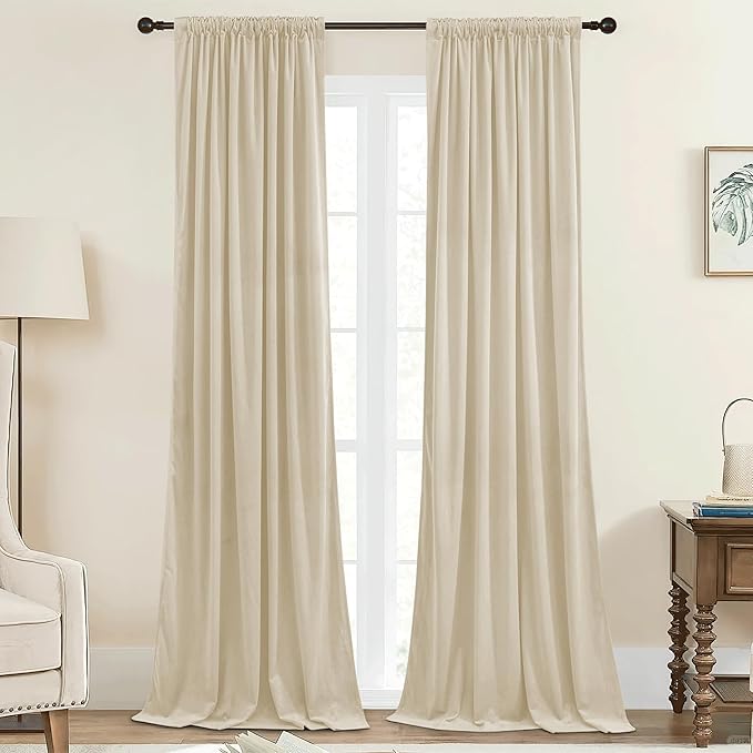 StangH Beige Curtains 90 inches Long Soft Velvet Light Dimming Privacy Drapes for Nursery Bedroom, Back Tab Thermal Insulated Sliding Door Panels, W42 x L90, 2 Panels