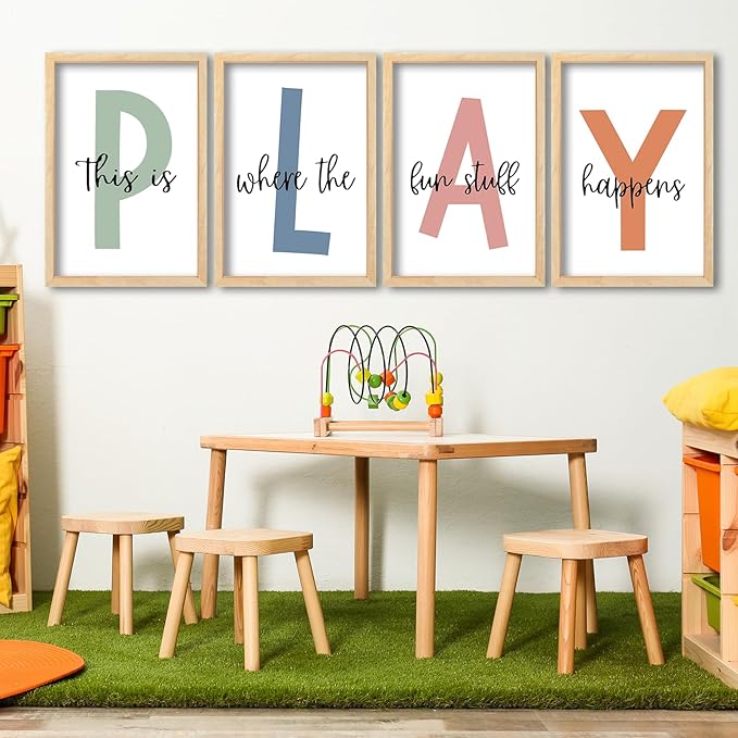 Surfapans Nursery Playroom Wall Decor 24"×16" Set of 4 This Is Where The Fun Stuff Happens Play sign Wooden Framed for Children's Room Wall Hanging Art (Wood)