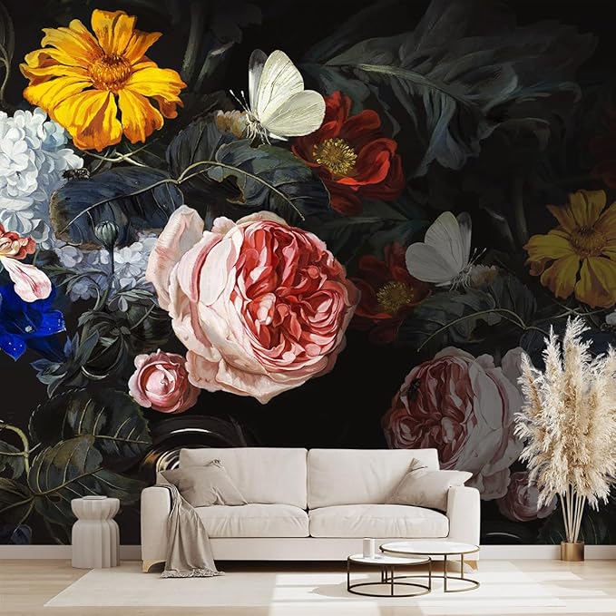 Vintage Black Flowers Mural Bedroom Peony Floral Wallpaper Room Decor Living Room tv Background Large Wall Mural - 91"x65" (Not Peel and Stick)