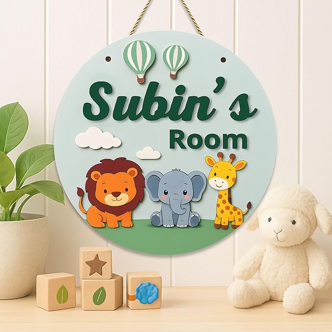 Custom Jungle Animal Room Sign – Personalized Nursery Door Plaque with Lion, Elephant, Giraffe, Nursery Wall Decor for Boys or Girls, Wooden Name Sign