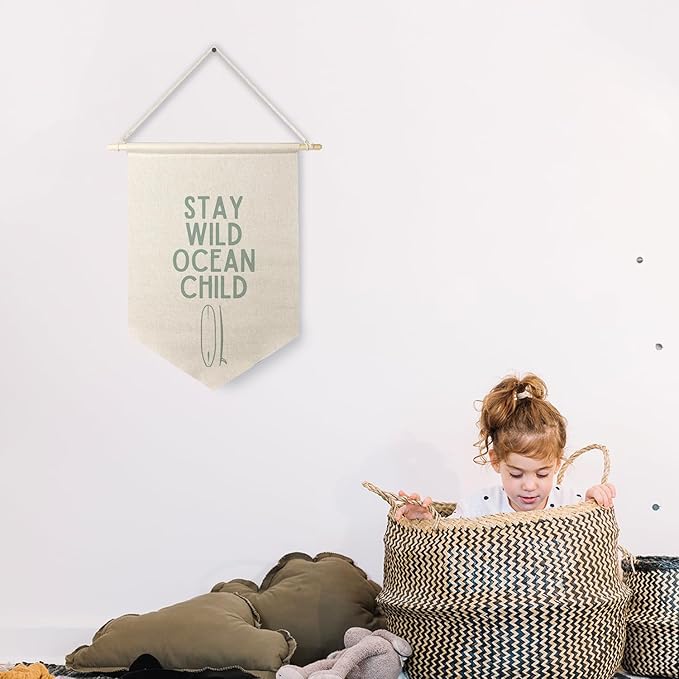 Qpenm Ocean Nursery Decor, Stay Wild Ocean Child Wall Hanging Canvas Banner, Coastal Nautical Surfing Hanging Pennant Flag Posters Prints for Kids Room Nursery Classroom Playroom Decor