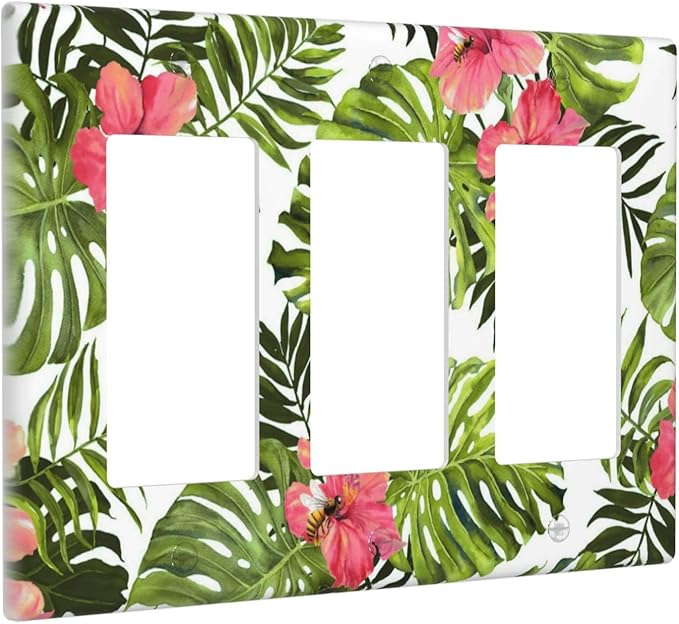 Tropical Plant Green Palm Light Switch Cover Triple Rocker Decorative 3 Gang Switches Plates and Outlet Covers Banana Leaves Pink Flower Rainfores Jungle Botanical Switchplate Wallplate
