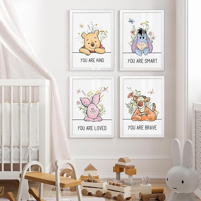 Cute Winnie the Pooh Quote Framed Wall Art Set of 4, Boho Educational You are Brave Strong Smart Kind Wooden Saying Sign, Preschool Inspirational Nursery Wall Decor for Baby Girl Kid Boy Toddlers