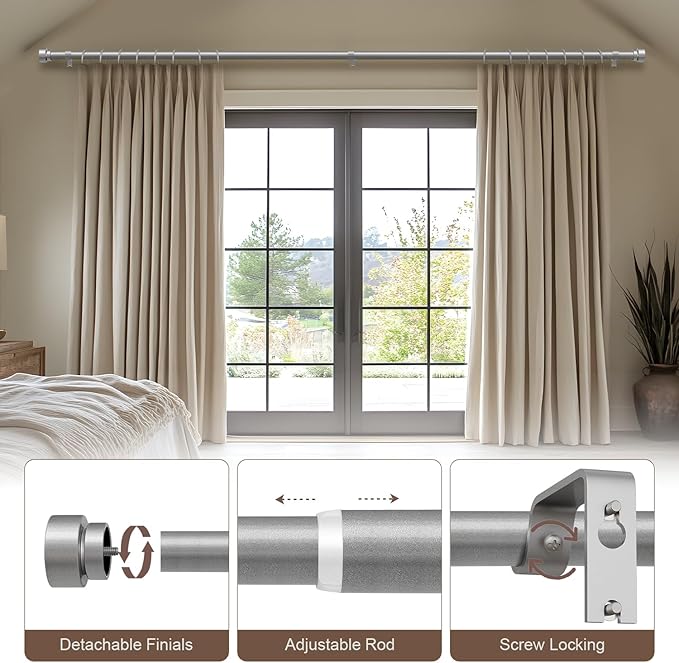 Modern Silver Curtain Rods for Windows 72 to 144 Inches Adjustable Length Heavy Duty 1" Diameter Window Curtain Rod with Decorative Finials for Outdoor Bedroom Kitchen Living Room