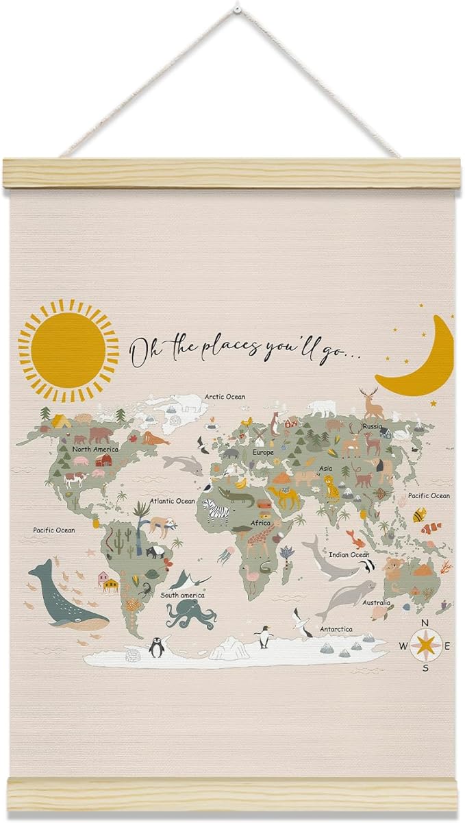 TRKAE World Map Animals Canvas Poster Hanger Frame, Educational Wall Art for Kids, Learning Wall Decor for Classroom Nursery Playroom Bedroom -031