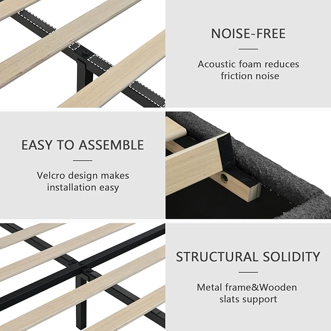 Queen Bed Frame with Headboard, Cloud Boucle Upholstered Bed Frame, Modern Soft Style, Adjustable Headboard, No Box Spring Needed, Easy Assembly, Dark Grey