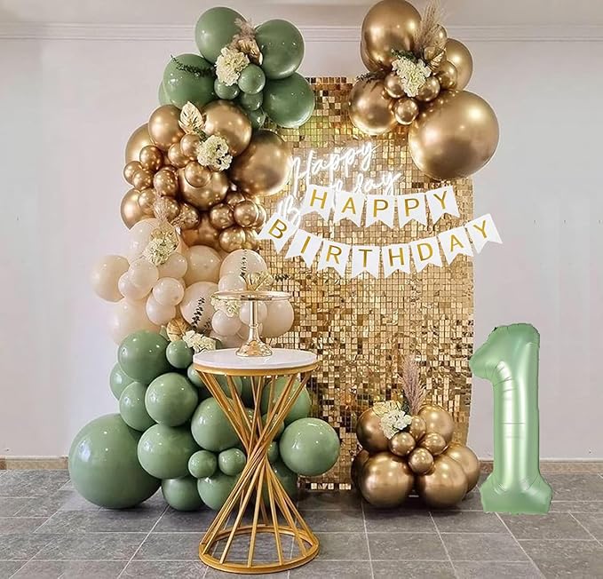Sage Green First Birthday Decorations For Boys, 40inch Olive Green Number 1 Balloon And Happy Birthday Banner Set With 12inch Sage Green Cream Metallic Gold Balloons For Kids 1st Birthday Decorations