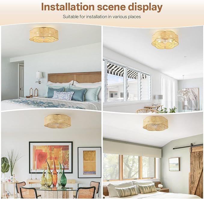 Caged Ceiling Fan with Lights, Flush Mount 20" Boho Ceiling Fans with Lights Remote Control, Low Profile Rattan Bladeless with 6 Speeds for Bedroom, Nursery, Kitchen