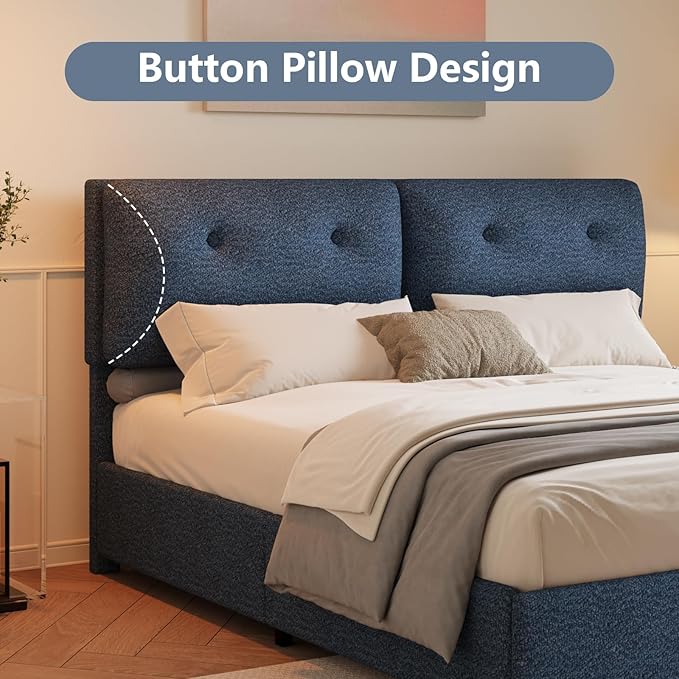Queen Bed Frame with Headboard, Cloud Boucle Upholstered Bed Frame, Modern Soft Style, Adjustable Headboard, No Box Spring Needed, Easy Assembly, Blue
