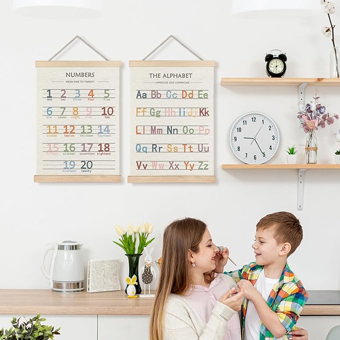 LUVADIAN Boho Classroom Decor - Alphabet Numbers Educational Poster Hanger Frame Set of 2, Nursery Wall Decor, Toddler Learning Posters for Nursery Kids Room Playroom Classroom Decor, 16x24 Inches(Large)