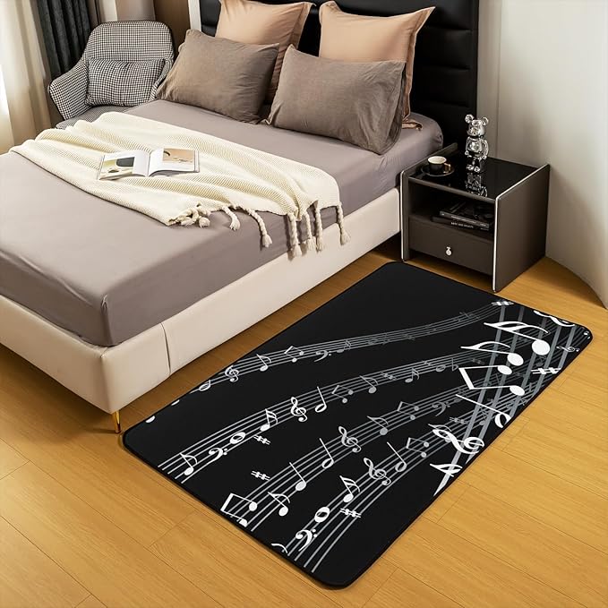 jejeloiu Musical Note Decorative Carpet Black White Music Theme Decorative Carpet Mat Decor Extra Soft Rugs for Living Room Bedroom Room Washable Area Rug 4x5s