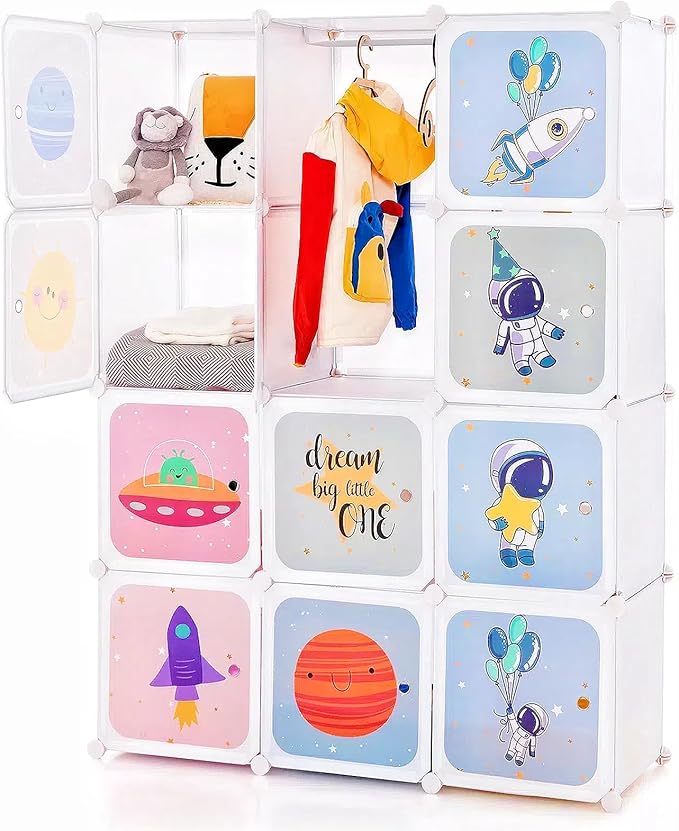 INFANS Children Wardrobe, Kid Closet Portable Baby Dresser Cute for Kids Bedroom Nursery Armoire with Doors 12 Cube 2 Hanging Sections, Kid Clothes Storage Organizer (White, 12 Cubes)
