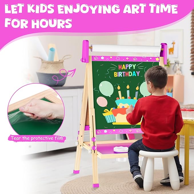 Easel for Kids Toys,Toddler Art Easel with Art Supplies, Height Adjustable Double-Sided Magnetic Dry Eraser Whiteboard and Chalk Board with Paper Roll,4 5 6 7 8 9 10 Year Old Girl Birthday Gifts