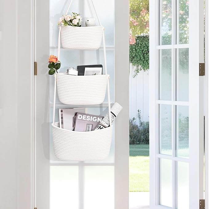 Hanging Storage Baskets, 3-Tier Over the Door Basket, Cotton Wall Baskets Storage, Detachable Hanging Door Basket with 4 Hooks, Over the Door Organizer Nursery for Bedroom, Living Room, Bathroom Wall