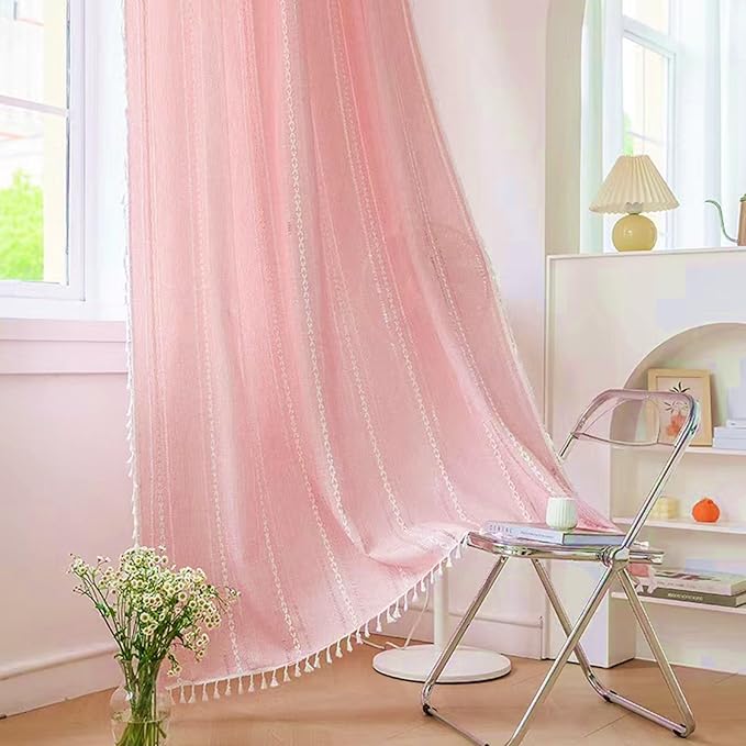 Deeprove Pink Boho Curtains 84 Inches Long for Bedroom Nursery, Privacy Bohemian Chic Textured Embroidery, Vintage Handmade Tassels Country Decor Drapery, Rod Pocket, 1 Panel W52 x L84, Blush
