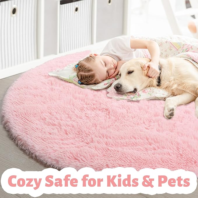 Amdrebio Pink Round Area Rugs 7Ft for Girls Bedroom Decor, Fluffy Large Circle Rug for Living Room, Kids Room, Teen, Fuzzy Plush Carpets for Baby Nursery, Dorm, Classroom, Big Indoor Kawaii Play Rug