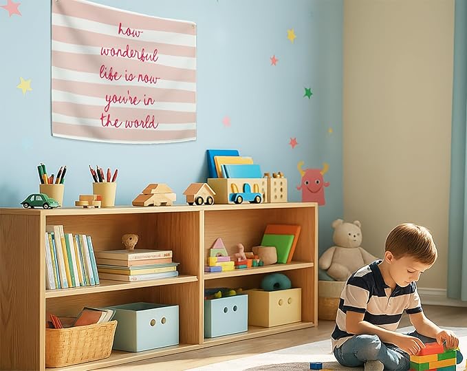 How Wonderful Life is Now-Rectangular Banner Flag Pennant Wall Art Decor Gift for Baby Boy Girl Kid,Nursery Classroom Homeschool Playroom Decor-Baby Present Shower,Birthday Christmas Gift