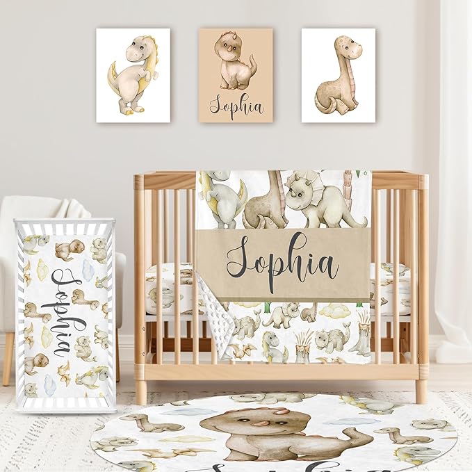 Custom Baby Crib Bedding Set,Personalized Name 4 Piece Nursery Bed Set with Dinosaur Design,Baby Blanket Fitted Sheet Nursery Rug Wall Art Set,Custom Room Decor Idea Gift for Newborns Boys Girls