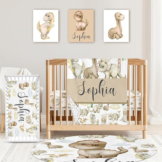 Custom Baby Crib Bedding Set,Personalized Name 4 Piece Nursery Bed Set with Dinosaur Design,Baby Blanket Fitted Sheet Nursery Rug Wall Art Set,Custom Room Decor Idea Gift for Newborns Boys Girls
