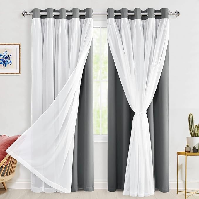 Hiasan Blackout Curtains with Sheer 84 Inches Long, Grommet Thermal Insulated Mix & Match Double Layer Window Curtains for Bedroom, Living Room, 2 Drape Panels with Tiebacks, Grey, 60W X 84L