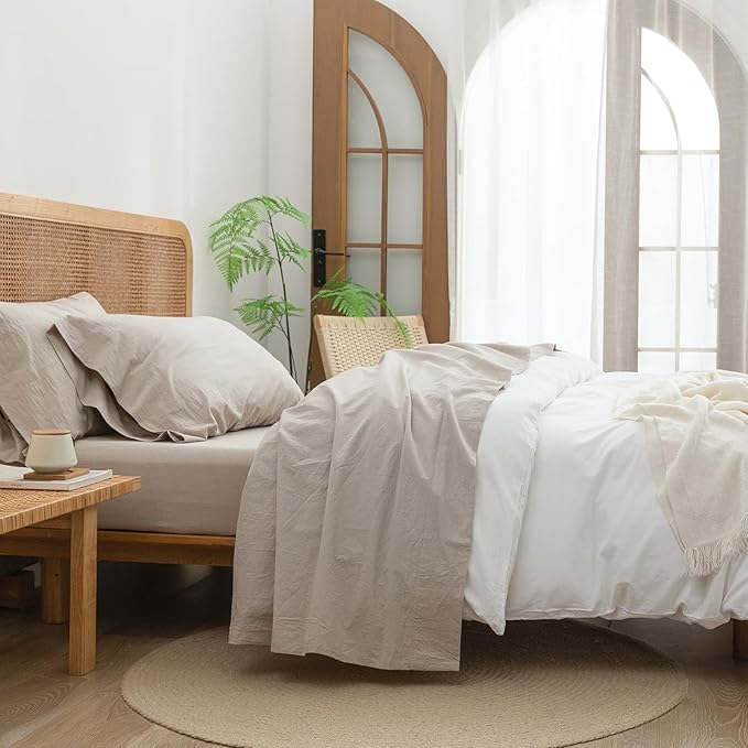 BESTOUCH Sheet Set 100% Washed Cotton Linen Feel Super Soft Comfortable Chic Lightweight 3 Pcs Home Bedding Set Solid Linen Grey Twin
