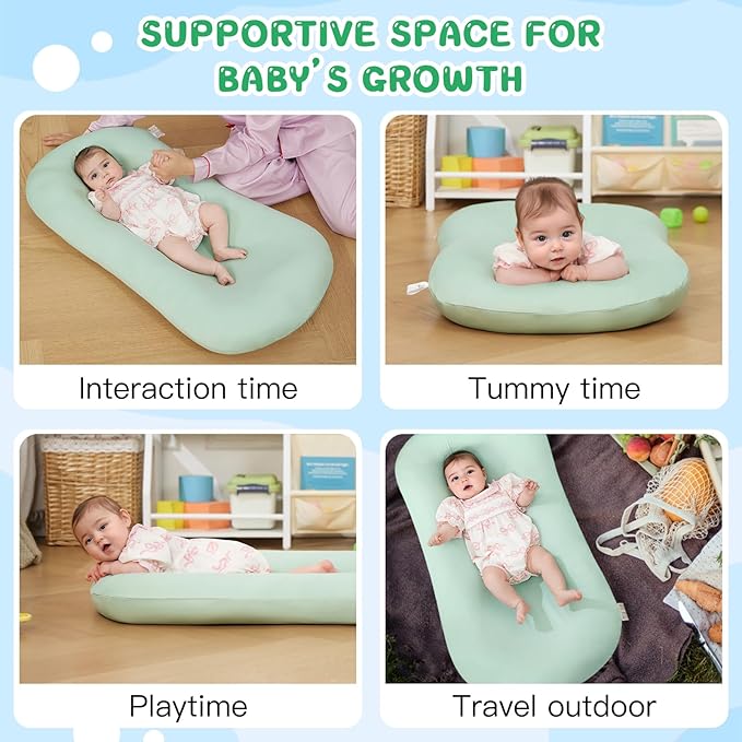 Lucakuins Baby Lounger, Bionic Design Baby Lounger for Newborn 0-24 Months, Soft Organic Cotton Breathable Lounger for Infants (Green Newborn Lounger)